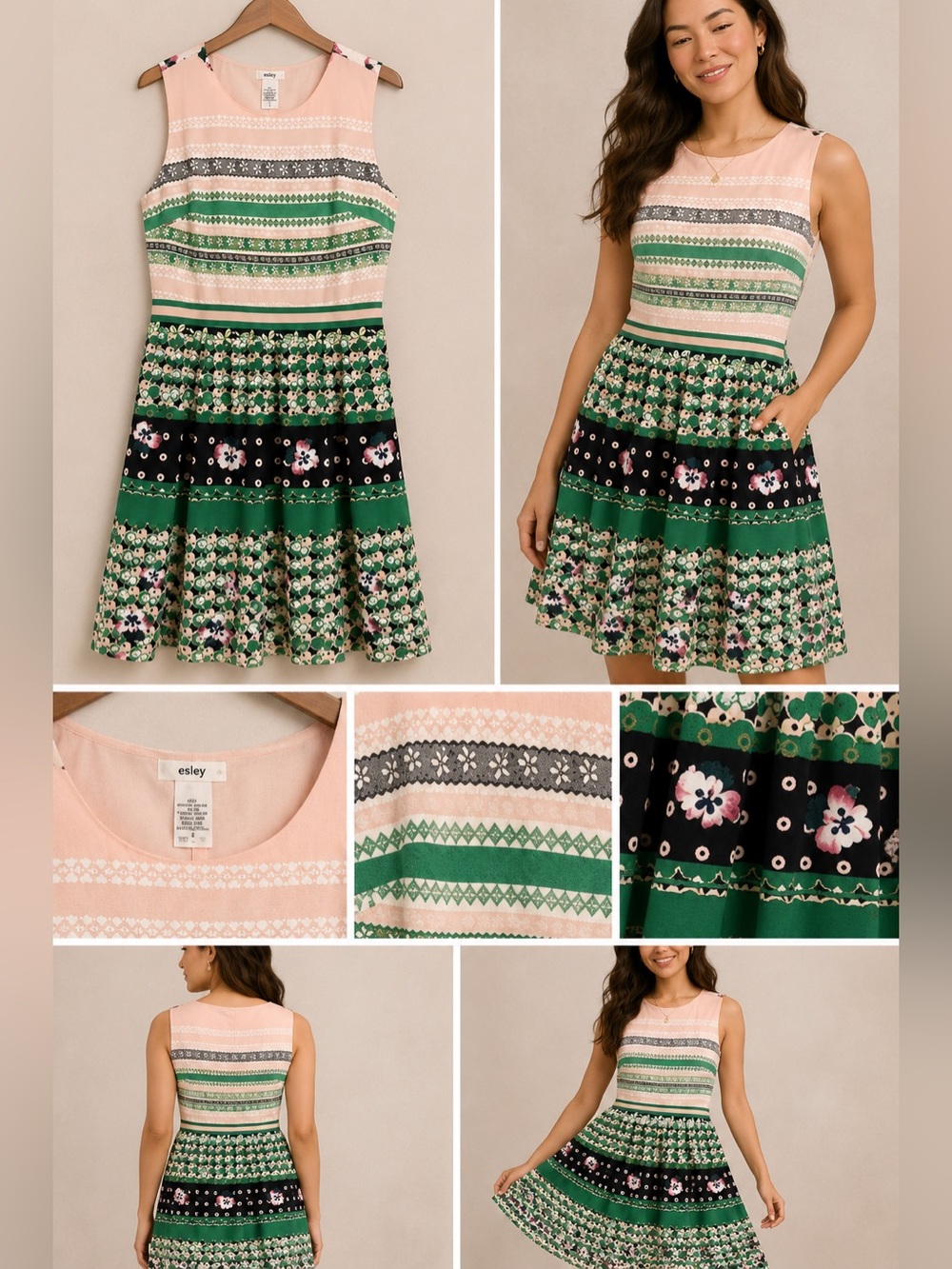 Esley Dress Junior Size L Sleveless Pink Green Floral Round Neck Pleats Zip Clos